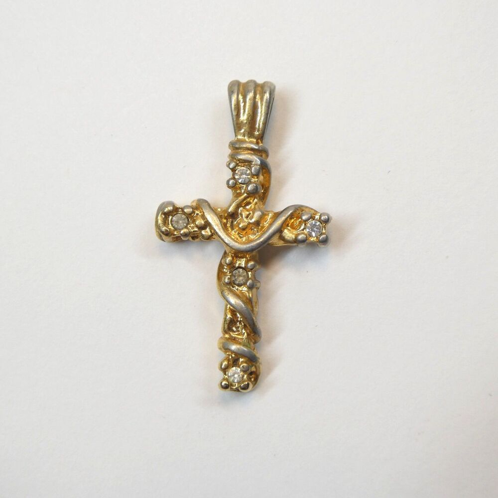 Textured Cross Pendant Ornate Crucifix Charm w/ Clear Stones Vintage